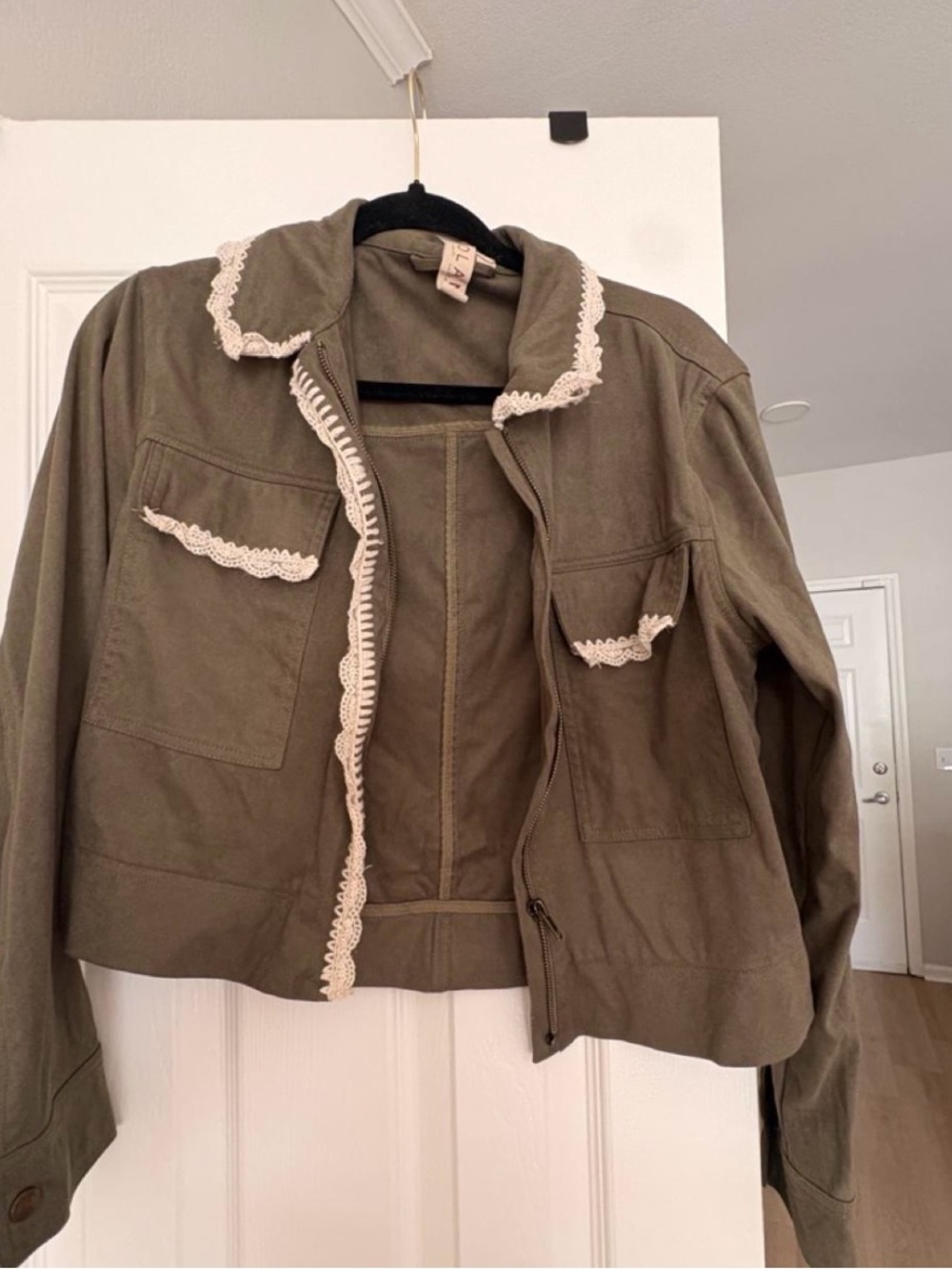 dolan Olive Utility Jacket with Cream Lace Trim
